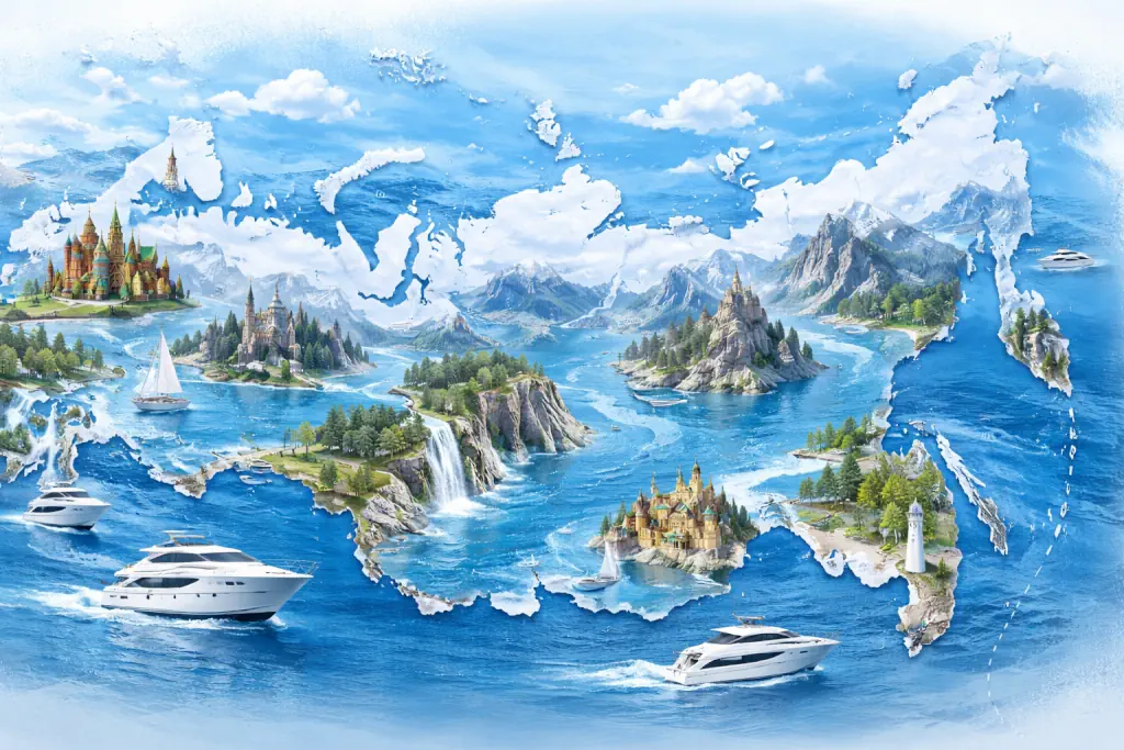 Художественный водный атлас с яхтами, реками и морями